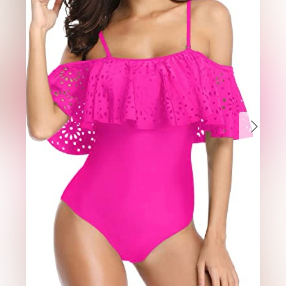 PINK WOMENS OFF THE SHOULDER LACE RUFFLE SWIMSUIT - Picture 3 of 6